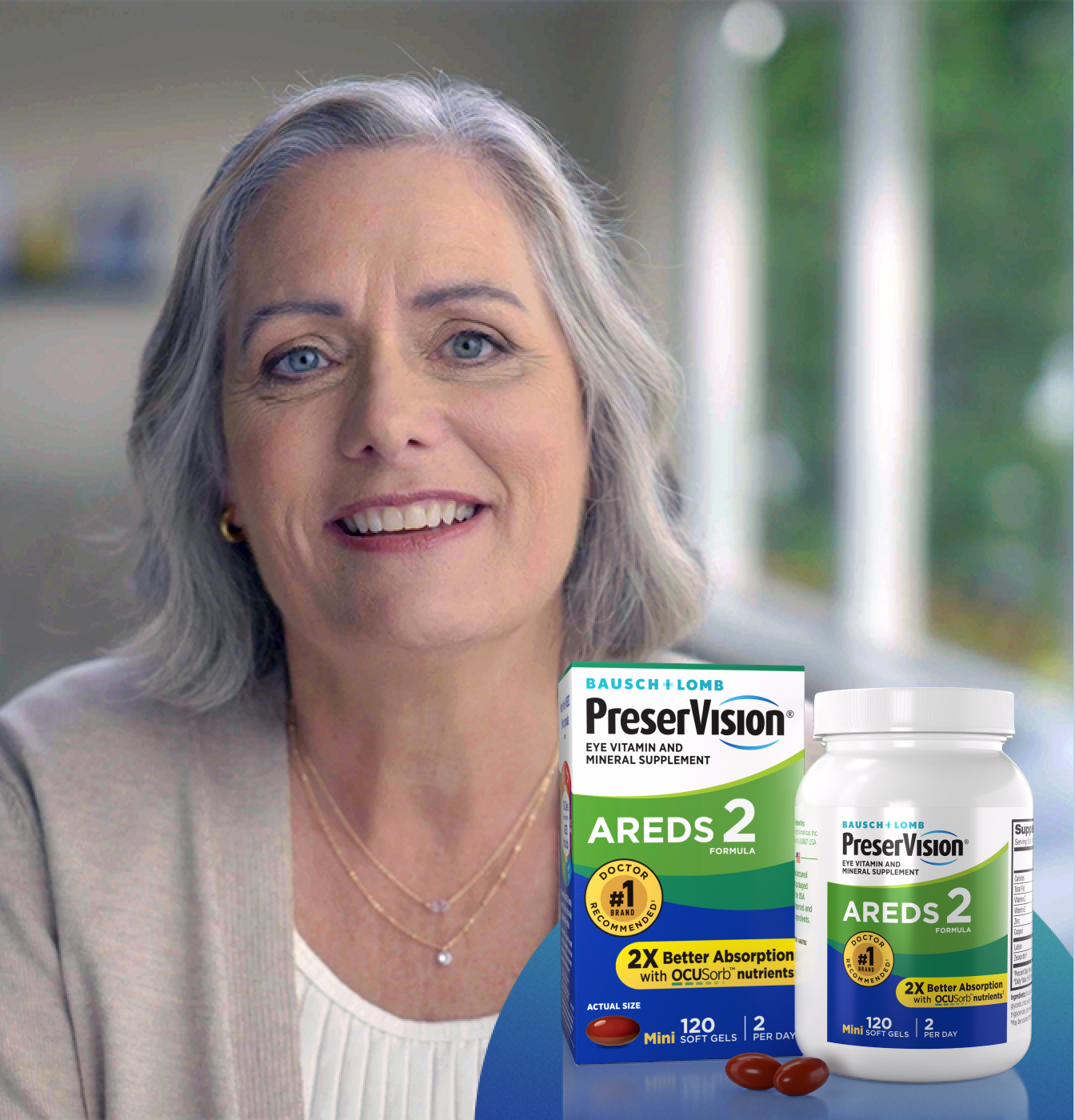 A woman in her 60s smiles and looks content and confident. A package and bottle of PreserVision Eye Vitamins sits next to her.