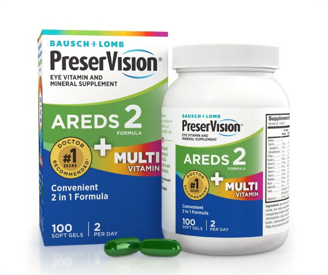 PreserVision AREDS 2 Multivitamin package and bottle with two gels at the base
