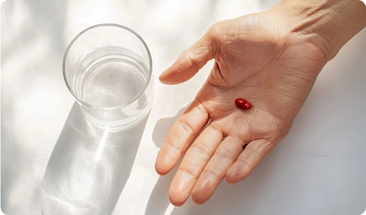 A PreserVision AREDS 2 minigel in the palm of a hand next to a glass of water