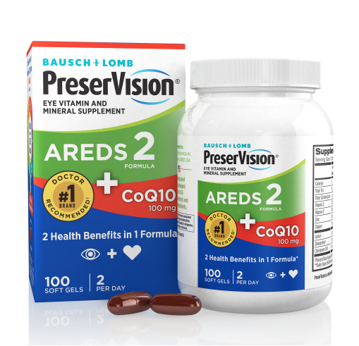 PreserVision AREDS 2 CoQ10 package and bottle with two gels at the base