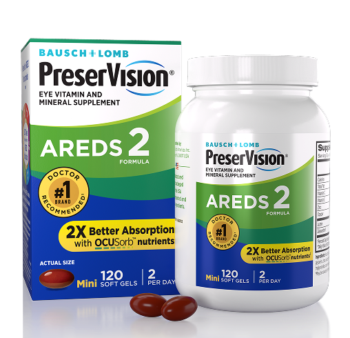 PreserVision AREDS 2 package and bottle with two gels at the base