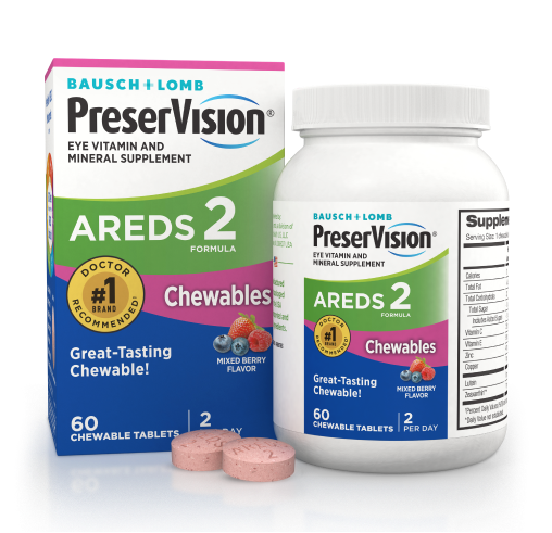 PreserVision AREDS 2 Chewables package and bottle with two tabs at the base
