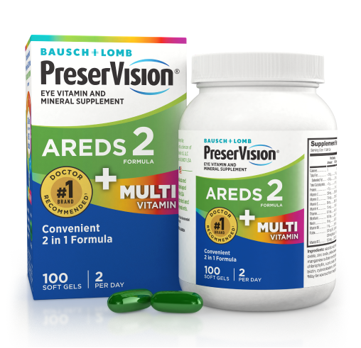 PreserVision AREDS 2 Multivitamin package and bottle with two gels at the base