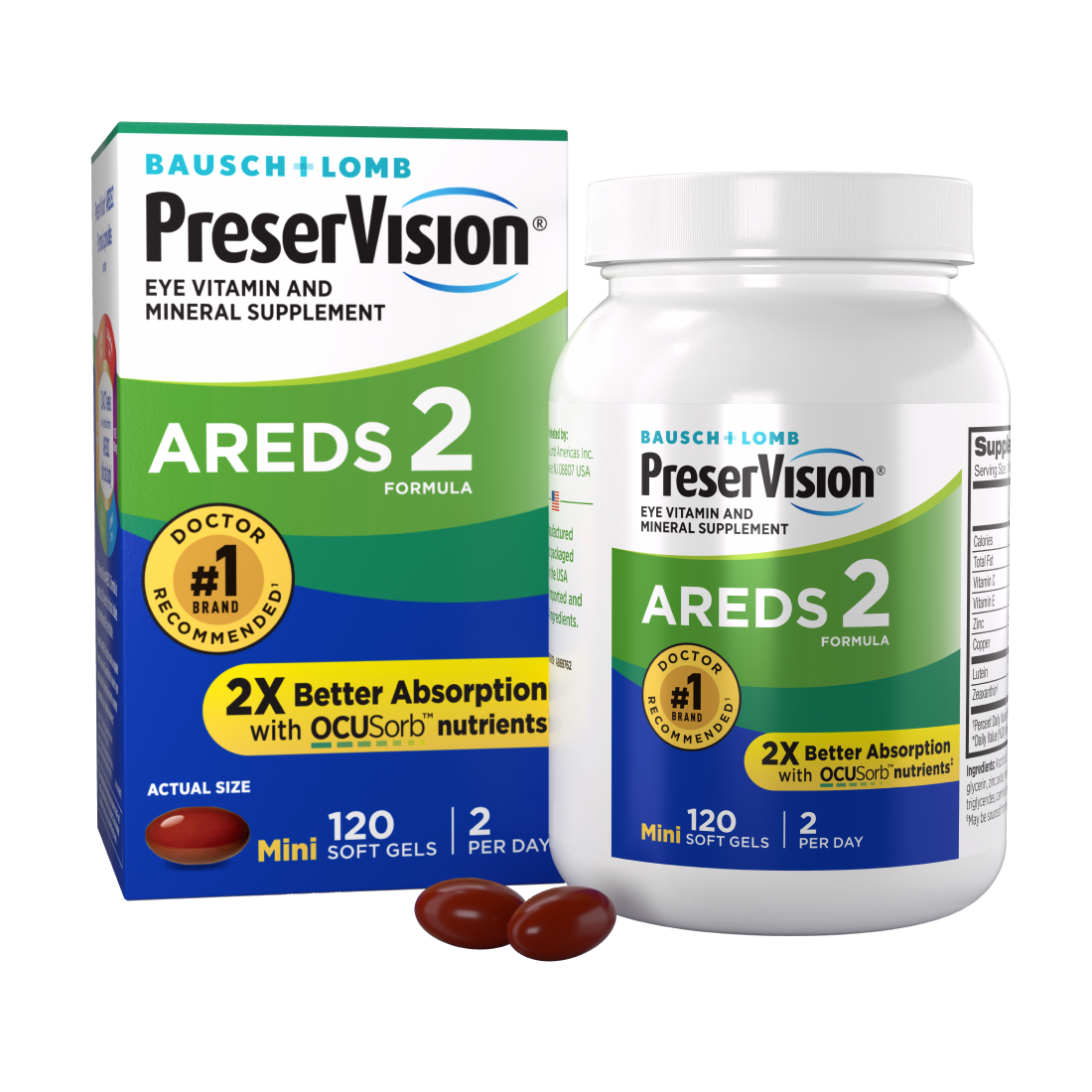 PreserVision AREDS 2 package  and bottle with two gels at the base
