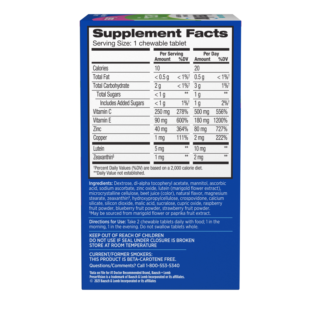 Supplement facts of PreserVision AREDS 2 Chewables