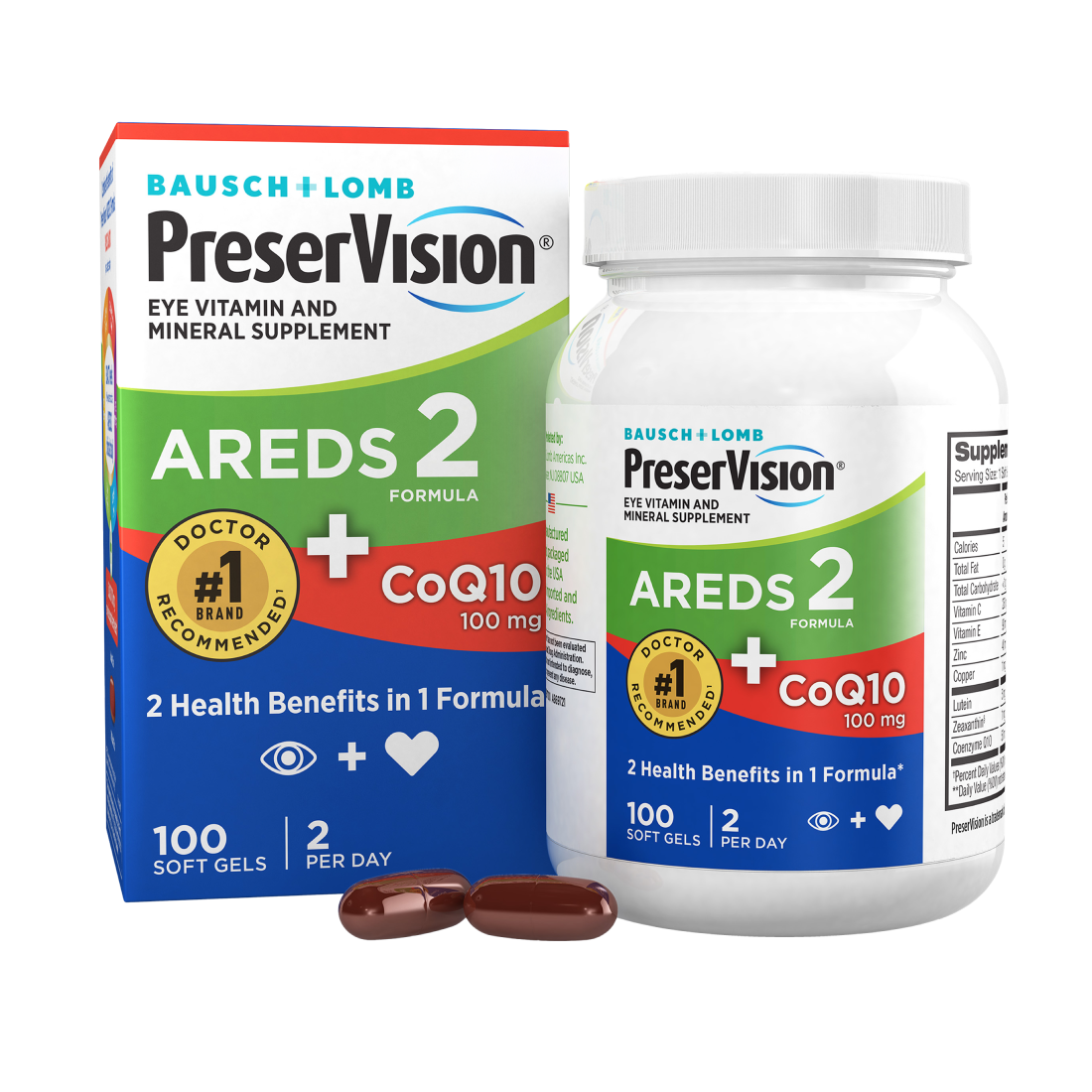 PreserVision AREDS 2 CoQ10 package  and bottle with two gels at the base