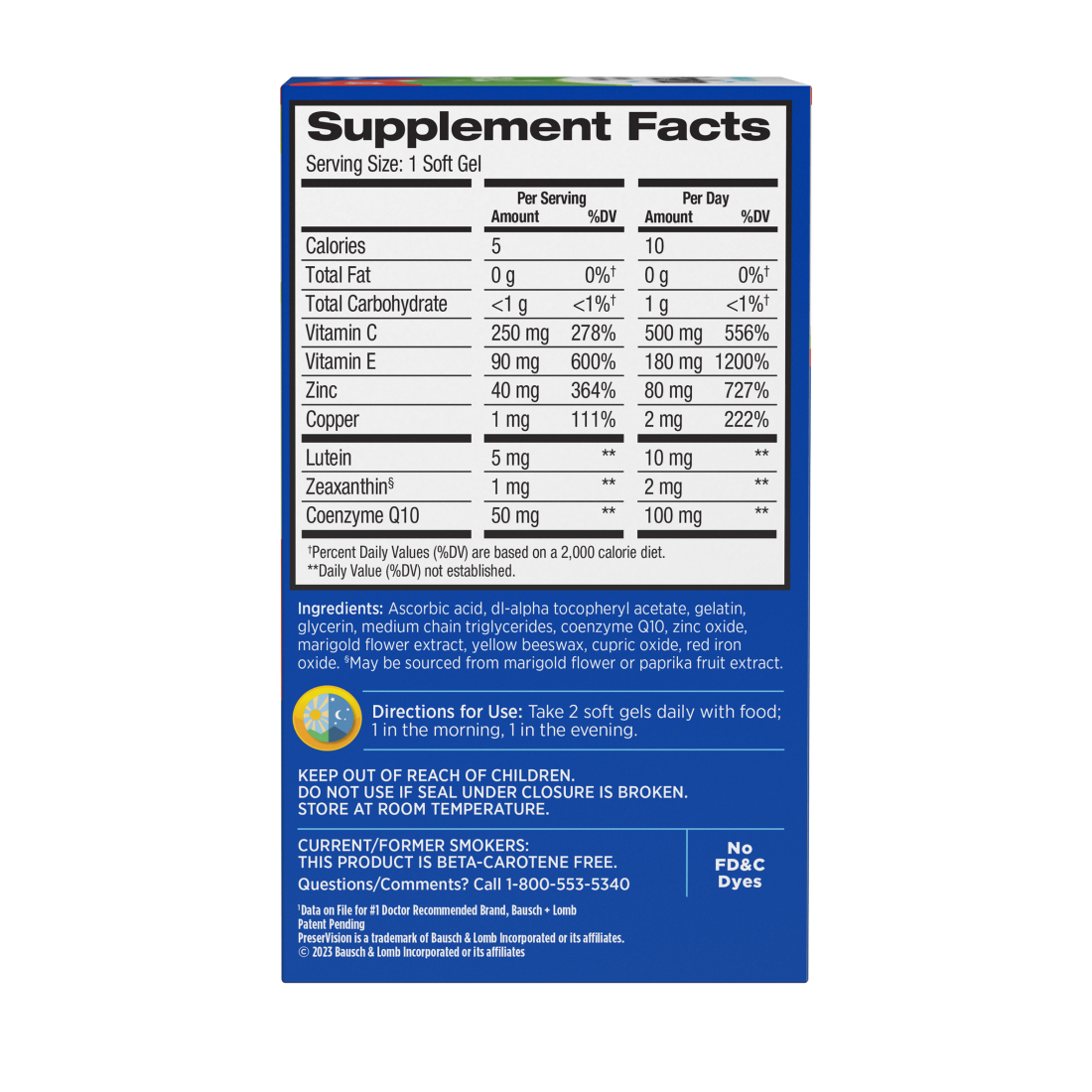 Back of the PreserVision CoQ10 package with the supplement facts