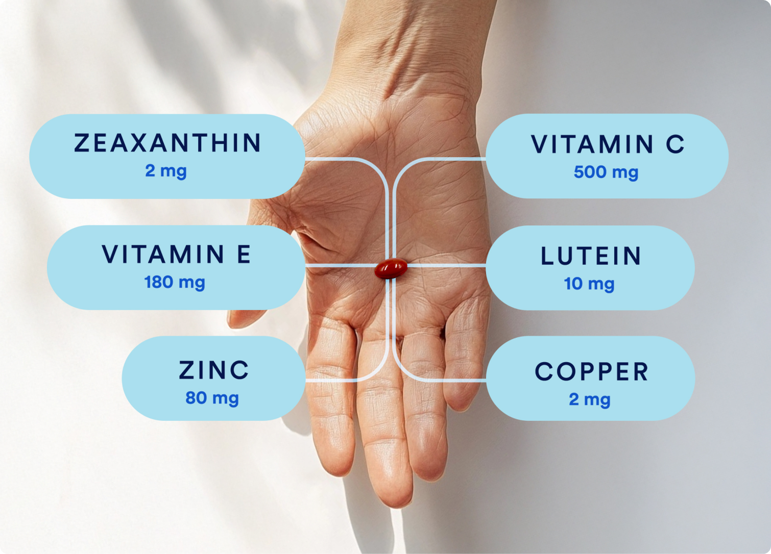 PreserVision ingredient names and amounts pointing to an open hand with a vitamin, indicating the formula of PreserVision: 2 mg of zeaxanthin, 180mg of vitamin E, 80mg of zinc, 500mg of vitamin C, 10mg of lutein, and 2mg of copper.