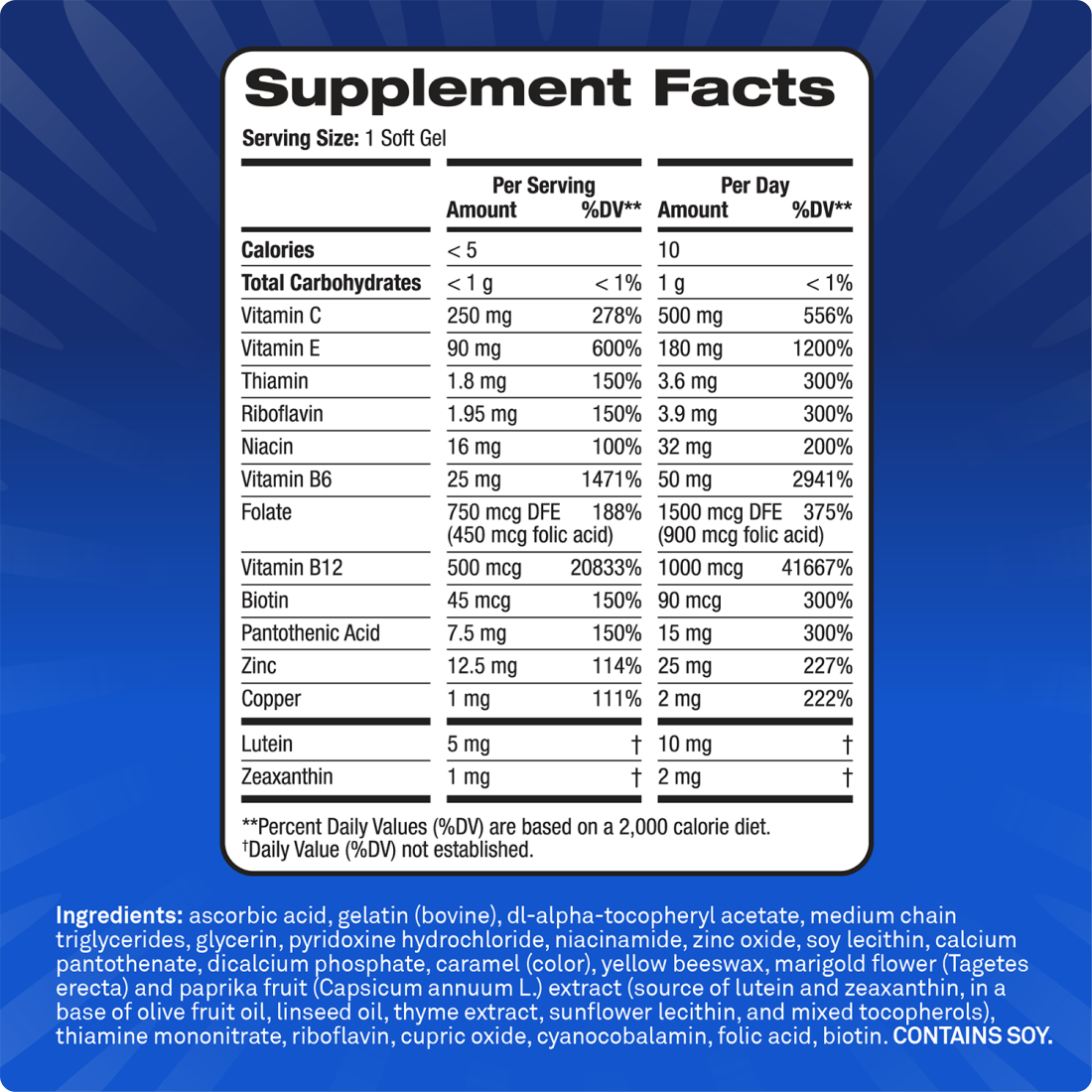 Supplement facts of PreserVision AREDS 3 Formula Soft Gels